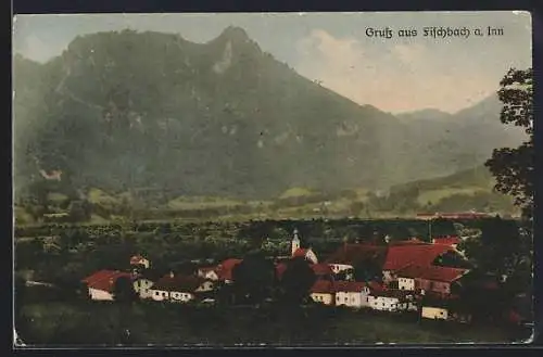 AK Fischbach a. Inn, Ortsansicht mit Gipfelpanorama aus der Vogelschau