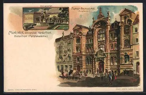 Lithographie München, Forst-Akademie (Amalierstrasse) Hinterfront, Universität Vorderfront