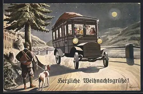 AK K. K. Automobilpost Postbus Bus LKW auf Landstrasse bei Mondschein, Weihnachtsgruss 1908