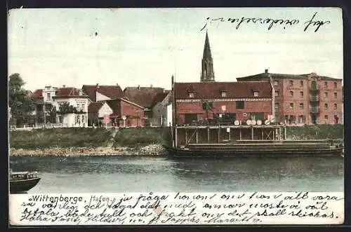 AK Wittenberge / Elbe, Hafen mit Blick zum Ort