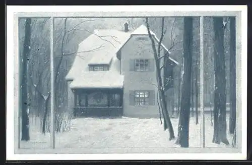 Künstler-AK Gauting, verschneites Haus mit Veranda