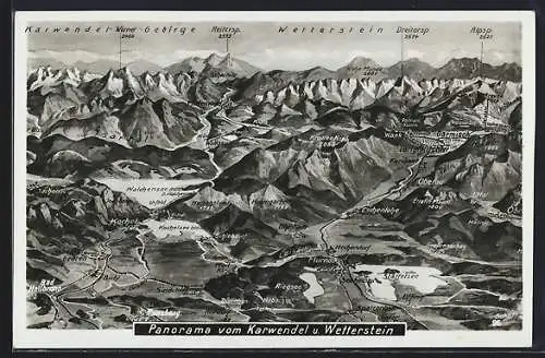 Künstler-AK Kochel am See, Panorama vom Karwendel und Wetterstein mit Eschenlohe, Hechendorf und Uffing