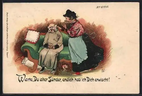 Künstler-Lithographie Bruno Bürger &amp Ottillie Nr. 6100: Gattin zieht Mann die Ohren lang, Mädchen unter dem Sofa