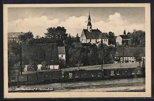 AK Berthelsdorf b. Herrnhut, Güterzug mit Blick zur Kirche