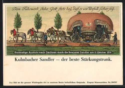 AK Kulmbach, erstmalige Ausfuhr nach Sachsen durch die Sandler-Brauerei 1831, Sandlerbräu