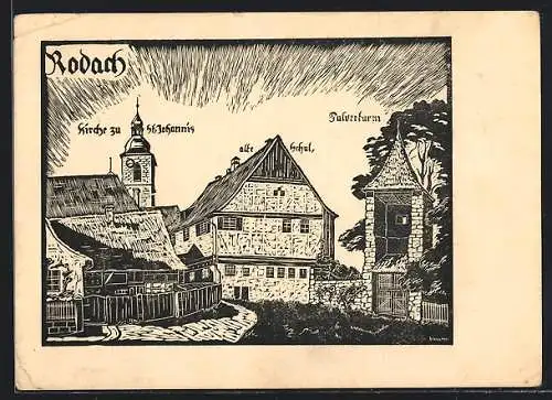 Künstler-AK Rodach, Kirche zu St. Johannis, Pulverturm, Zum Heimatfest 1932