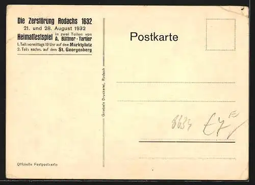 Künstler-AK Rodach, Kirche zu St. Johannis, Pulverturm, Zum Heimatfest 1932