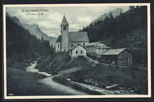 AK St. Leonhard i. Pitztal, Ortspartie mit Kirche