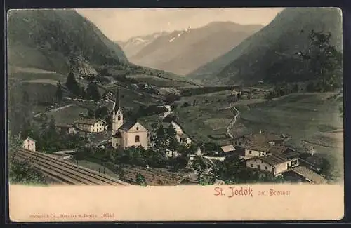 AK St. Jodok am Brenner, Ortsansicht mit Kirche und Blick ins Tal