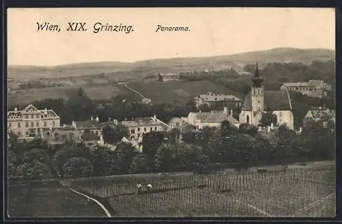 AK Wien XIX, Grinzing, Panorama mit Kirche