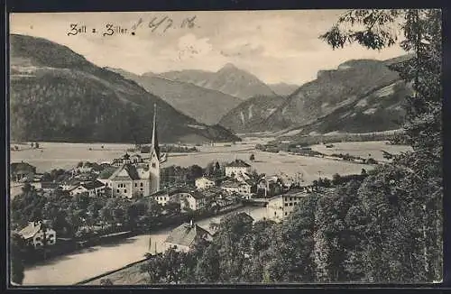 AK Zell am Ziller, Blick über den Ort zu den Bergen, Kirche