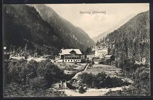 AK Ginzling i. Zillertal, Ortsansicht aus der Vogelschau