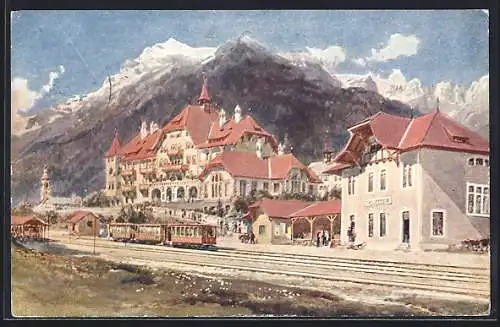 AK Fulpmes, Stubai-Hotel am Bahnhof mit Bahn