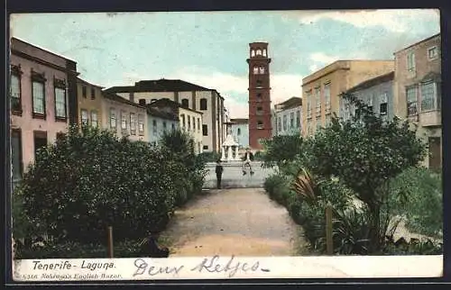 AK Laguna /Tenerife, Ortspartie mit Zierbrunnen und Turm