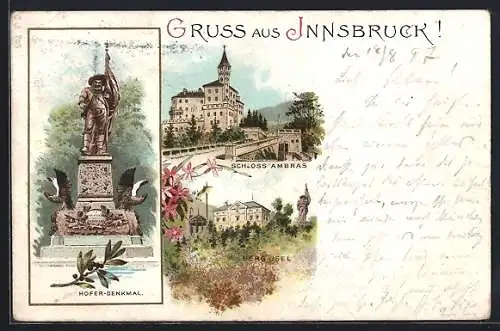 Lithographie Innsbruck, Hofer-Denkmal, Berg Isel, Schloss Ambras