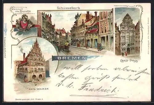 Lithographie Bremen, Schüsselkorb, Essig-Haus, Waage, Wappen