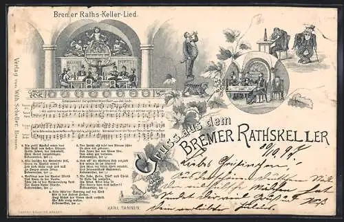 Lithographie Bremen, Gasthaus Bremer Ratskeller, Bremer Ratskeller-Lied mit Noten