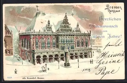 Lithographie Bremen, Rathaus mit Denkmal im Schnee, Neujahrsgruss