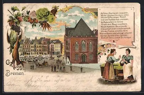 Lithographie Bremen, Marktplatz und Frauen, Pferdebahn