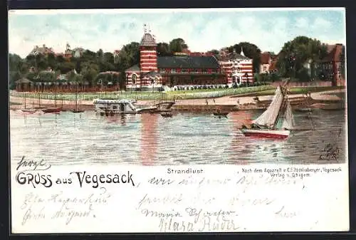 Künstler-Lithographie Vegesack, Cafe Strandlust, Segelboot