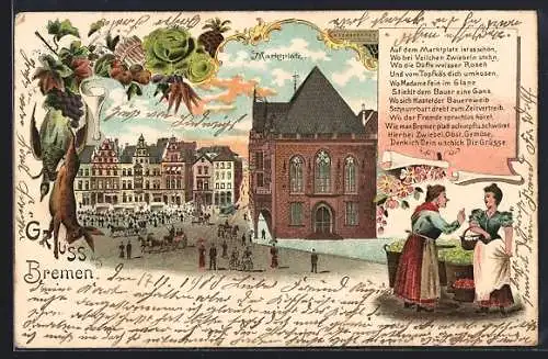 Lithographie Bremen, Marktplatz und Frauen, Pferdebahn