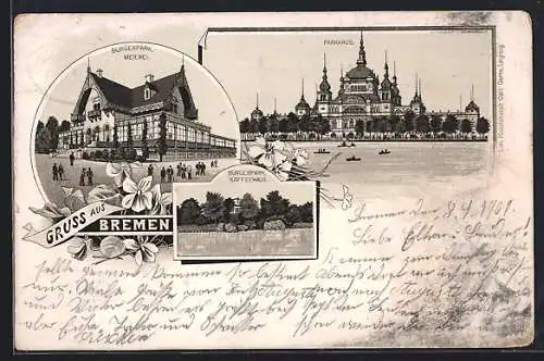 Lithographie Bremen, Meierei & Kaffeehaus im Bürgerpark, Ruderboote am Parkhaus