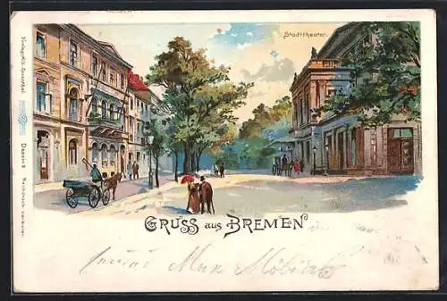 Lithographie Bremen, Strassenpartie am Stadttheater, Siedenburg's Hotel