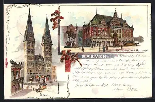 Lithographie Bremen, Rathaus mit Roland, Pferdebahn am Dom