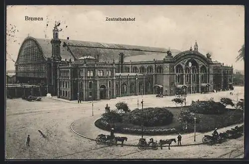 AK Bremen, Centralbahnhof mit Pferdekutschen