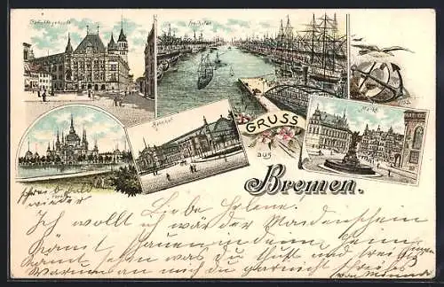 Lithographie Bremen, Gerichtsgebäude, Freihafen, Bahnhof, Parkhaus, Markt