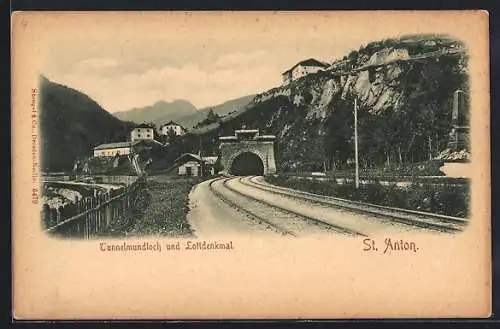 AK St. Anton am Arlberg, Tunnelmundloch und Lottdenkmal