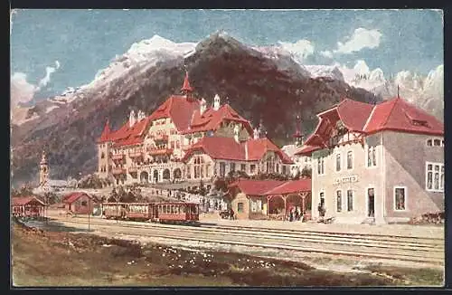 AK Fulpmes, Stubai-Hotel am Bahnhof mit Bahn