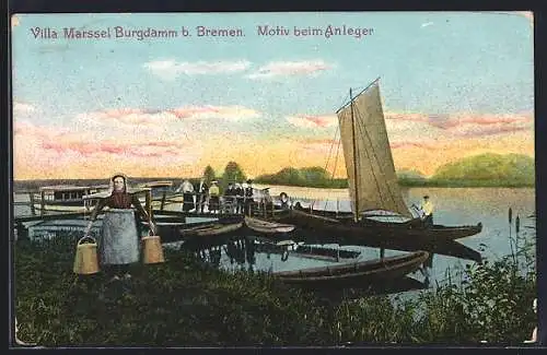 AK Bremen-Burgdamm, Anleger, Segelboot, Leute auf der Landungsbrücke, Frau mit Eimern