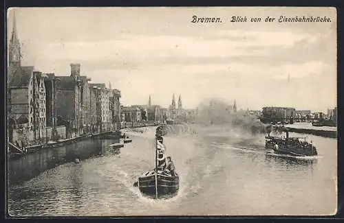 AK Bremen, Blick von der Eisenbahnbrücke mit Booten