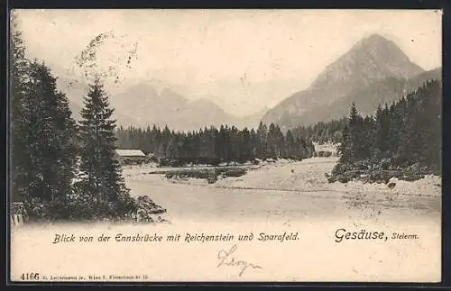 AK Gesäuse /Steierm., Blick von der Ennsbrücke mit Reichenstein und Sparafeld