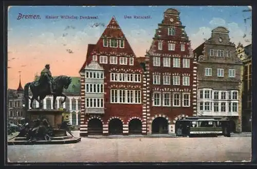 AK Bremen, Kaiser Wilhelm-Denkmal und Ratscafe mit Strassenbahn