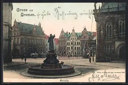 AK Bremen, Marktplatz mit Brunnen