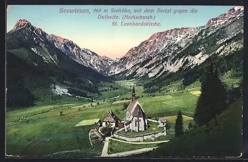 AK Seewiesen, Die St. Leonhardskirche im Seetal gegen die Dullwitz (Hochschwab.)