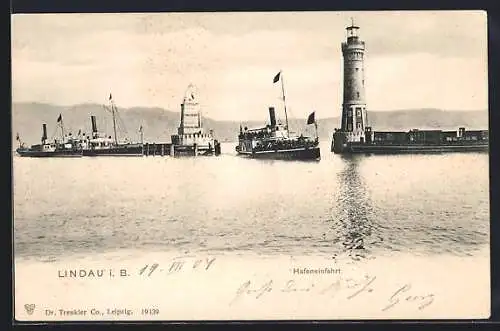 AK Lindau / Bodensee, Blick auf Hafeneinfahrt mit einlaufendem Passagierdampfer