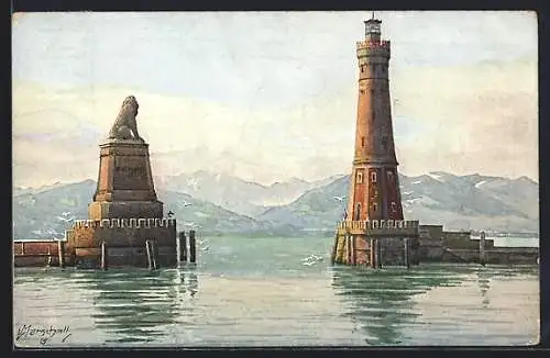 Künstler-AK Vinzenz Marschall: Lindau, Die Hafen-Einfahrt, Leuchtturm