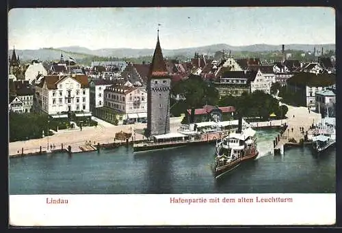 AK Lindau / Bodensee, Hafenpartie mit altem Leuchtturm und Dampfer