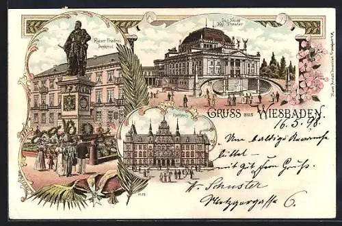 Lithographie Wiesbaden, Das Neue Königliche Theater, Rathaus, Kaiser-Friedrich Denkmal