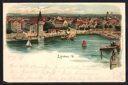 Lithographie Lindau i. B., Ortspanorama mit Bootsanlegestelle