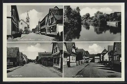 AK Neuburg a. Rhein, Kirche und Schulhaus, Hauptstrasse, die Kehl