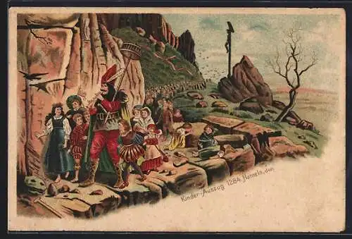 Lithographie Der Rattenfänger von Hameln mit Kinderschar