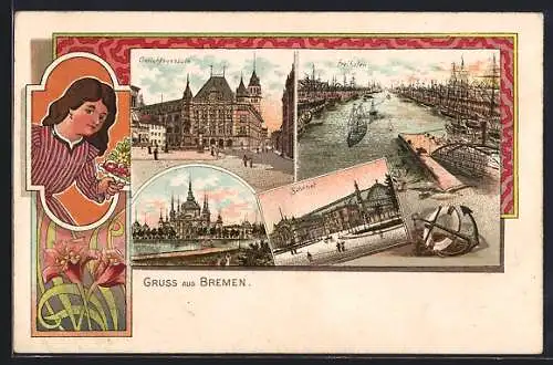 Lithographie Bremen, Bahnhof, Freihafen, Gerichtsgebäude