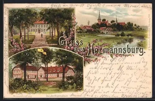 Lithographie Hermannsburg, Ortsansicht, altes & neues Missionshaus