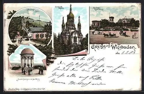 Lithographie Wiesbaden, Neroberg-Bahn und -Restauration, Griechische Kapelle, Aussichtstempel