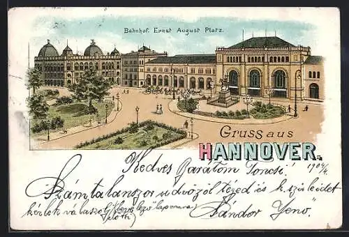 Lithographie Hannover, Bahnhof, Ernst August Platz