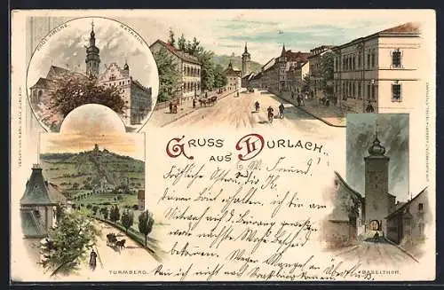 Lithographie Durlach, Turmberg, Prot. Kirche und Rathaus, Baselthor